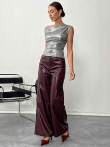 SHEIN Essnce 女士银色闪光上衣休闲时尚90年代街拍春秋纯色褶皱领PU无袖上衣外出上衣不对称领口上衣适合外出和派对新年女士生日女士情人节 - 銀色 - 查看 3