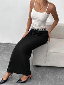 SHEIN Essnce Falda larga entallada de corte sirena de color negro con bloqueo de colores, cinturilla de encaje, estilo casual de moda de los 90, para salir, ideal para otoño y primavera, ropa de mujer para Navidad