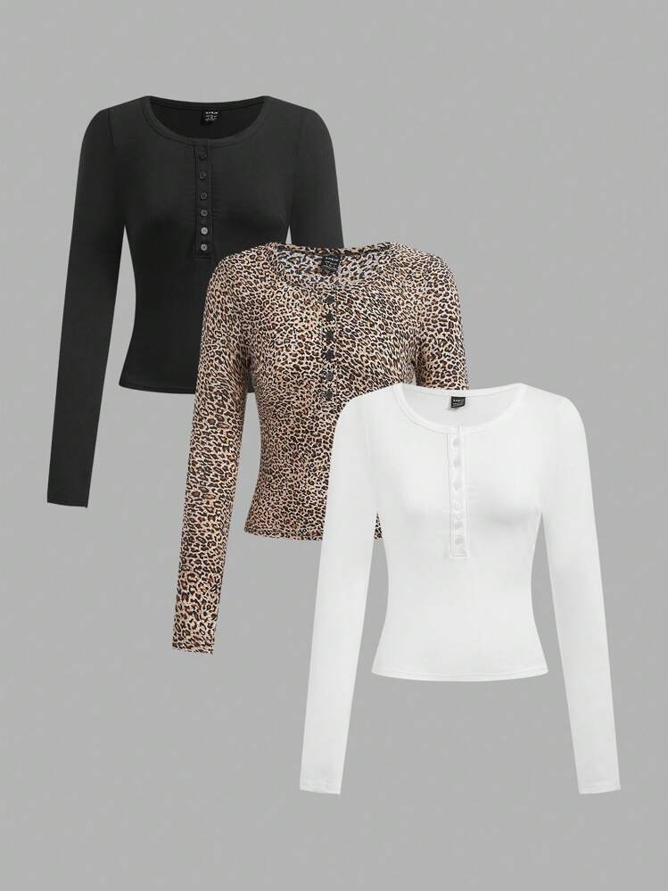 SHEIN EZwear Set de 3 camisetas con media cremallera de mujer, con unicolor y estampado de leopardo - Multicolor - Añade 1