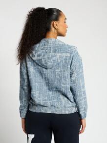 SUMWON WOMEN Designer Hooded Bomber Denim Jacket All Season Urban Streetwear Zip Up Outerwear With Pockets Casual Modern Fashion Spring Fall Winter - Blue - View 2