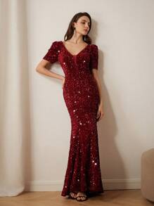 Aveloria Rosie Elegante y sofisticado vestido de fiesta con corte sexi, manga corta y efecto ceñidor de cintura, con lentejuelas y diseño calado de estilo sirena, para damas, primavera/verano, Día de San Valentín