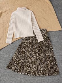 SHEIN 青少年女孩休闲复古罗纹高领长袖套头衫 T 恤和豹纹百褶长裙套装 - 卡其色 - 查看 3
