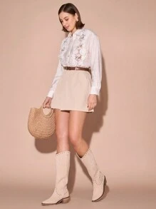 Enchnt 女式秋季撞色蕾丝落肩长袖单排扣衬衫 - 白色 - 查看 3