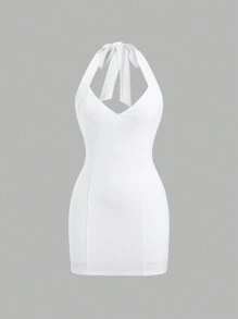 Lunelith SHEIN Lunessa Women's Slim Fit Solid Color Halter Mini Dress