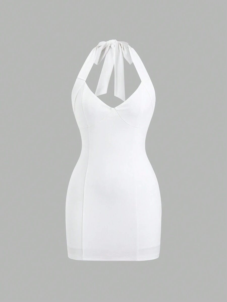 Lunelith SHEIN Lunessa Women's Slim Fit Solid Color Halter Mini Dress