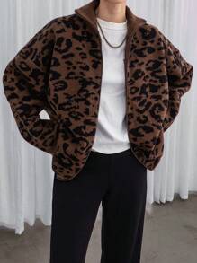 Dazy-Less Women's Full Leopard Print Jacquard High Collar Cardigan Cheetah Print,Fall Women Clothes