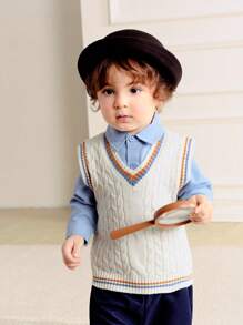 SHEIN 2pcs/Set Baby Boys V-Neck Sleeveless Top And Sports Pants Set, Fashion, Spring/Autumn - Multicolor - View 4