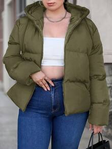 SHEIN Cottnline Plus Size Solid Long Sleeves Zip Up Hooded Padded Coat - Army Green - View 5