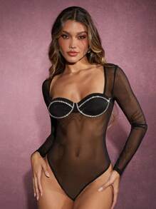 Hauture Winter Women Clothes, Sexy Embellished Sweetheart Neck Long Sleeve Sheer Black Mesh Bodysuit With Rhinestone Bust, Women Tops, Long Sleeve Top, Black Top, Going Out Tops. For Date Night, Concerts, Performances, Parties, Clubs, Evening