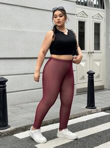 SHEIN EZwear Quần legging lưới đen cỡ lớn, Thu/Đông - Màu Đỏ Sâu - Xem 3