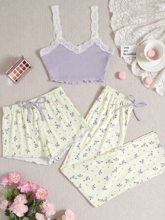 CottageSlumber נשים ניגודיות תחרה Cami Top Ditsy פרחוני קצר ומכנסיים ארוכים סט פיג'מה