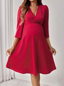 SHEIN 孕妇 V 领纯色中长休闲短款孕妇装 - 酒紅色 - 查看 1