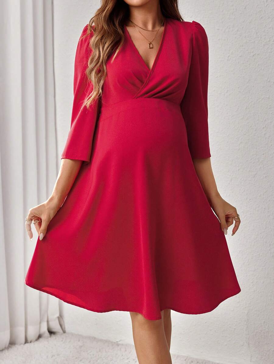 SHEIN 孕妇 V 领纯色中长休闲短款孕妇装 - 酒紅色 - 查看 1