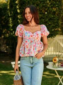 KARISMINA 女士度假风格碎花印花泡泡袖方形领口衬衫、短袖上衣 - 粉色 - 查看 4