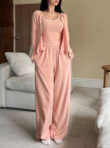 DAZY 3pcs Sleepwear Set: Ruffle Trim Cardigan, Camisole And Pajama Pants - Pink - View 5