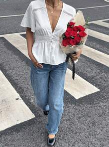 Siren Gaze 女士纯色蕾丝拼布衬衫、垂直荷叶边饰边衬衫、修身白色衬衫、情人节约会派对女士上衣