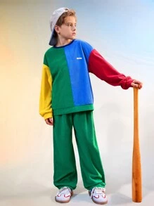 SHEIN 2pcs/Set Tween Boys American Style Casual Contrast Color Corduroy Crew Neck Long Sleeve Top And Corduroy Pants, Suitable For Autumn And Winter