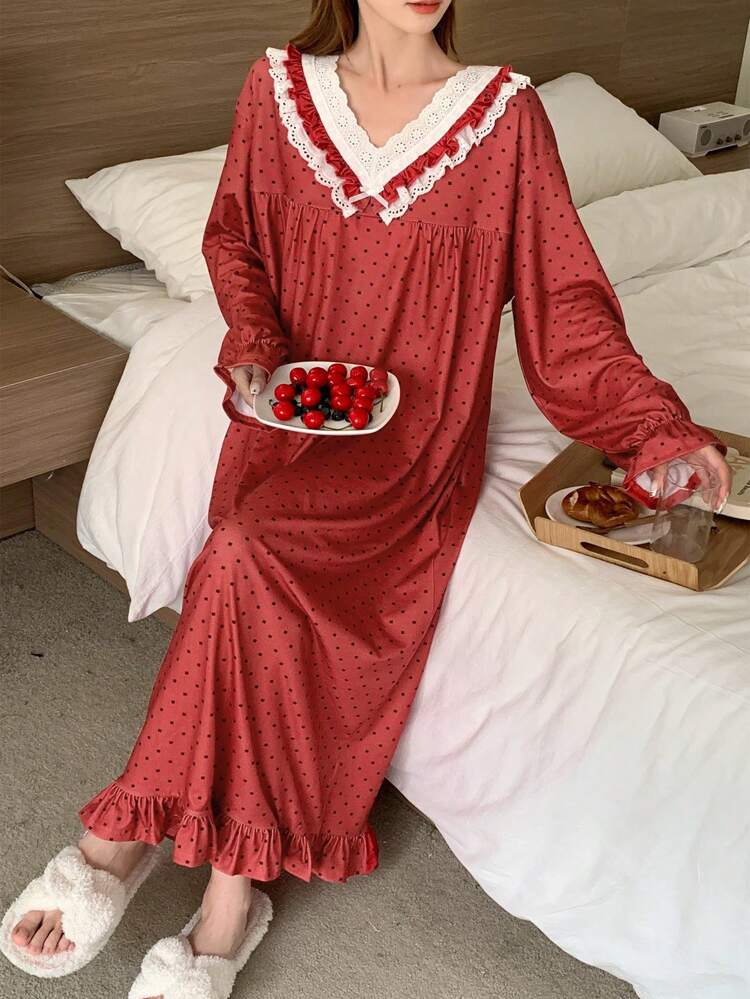 Polka Dot All-Over Print Contrast Color Lace Ruffle Collar Loose Nightgown Pajama