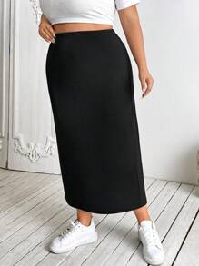 SHEIN CURVE+ Plus Size Women's Black Elastic Knitted Midi Pencil Skirt - Black - View 4