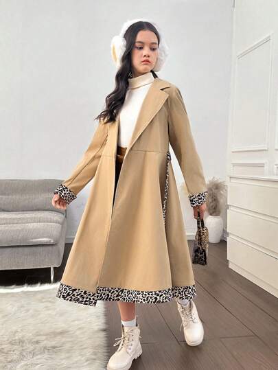 Tween Girl 经典卡其色拼色豹纹袖口和下摆休闲长款时尚风衣 适合秋冬季