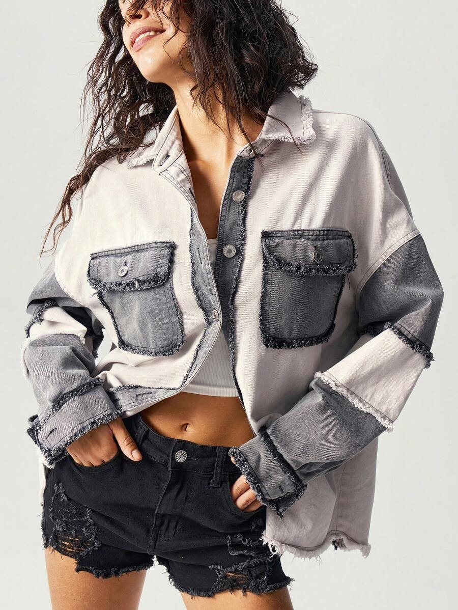 Bohemela Casual Patchwork Contrast Collar Long Sleeve Loose Fit Women Jacket - Black - View 1