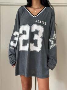 SHEIN EZwear 女士 V 领撞色字母条纹印花长袖 T 恤，灰色 - 灰色 - 查看 3