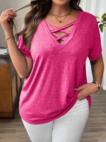 EMERY ROSE Áo thun tay ngắn cổ chữ V chéo cỡ lớn cho nữ, mùa hè - Màu Hồng Tươi - Xem 1