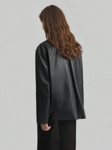 Ontre 女式 2025 新款春季休闲黑色夹克，带口袋，PU 正面纽扣，长袖，简约风格 - 黑色 - 查看 5