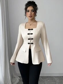 Selianne 女士优雅休闲/办公装方领收腰 A 字形装饰口袋前开撞色纽扣长袖衬衫，春/秋 - 杏色 - 查看 4