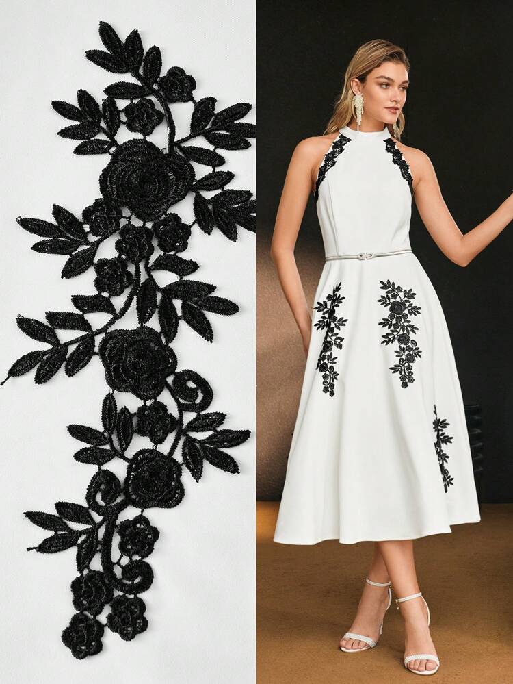 MOTF Soiréza CONTRAST GUIPURE LACE APPLIQUES HALTER NECK FLARE HEM COCKTAIL DRESS WITHOUT BELT