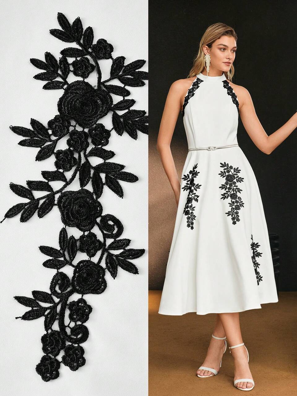 MOTF Soiréza CONTRAST GUIPURE LACE APPLIQUES HALTER NECK FLARE HEM COCKTAIL DRESS WITHOUT BELT