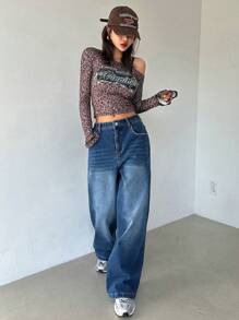 DAZY 女式破洞阔腿牛仔裤 - 藍色 - 查看 6