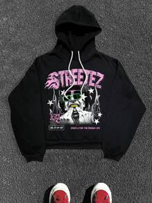 Manfinity NXTstreet Men's Letter Print Casual Loose Fit Knit Hooded Long Sleeve Sweatshirt,Pink And Black,Autumn,Streetwear,City Break Graphic Hoodie For Fall Winter - Black - View 1