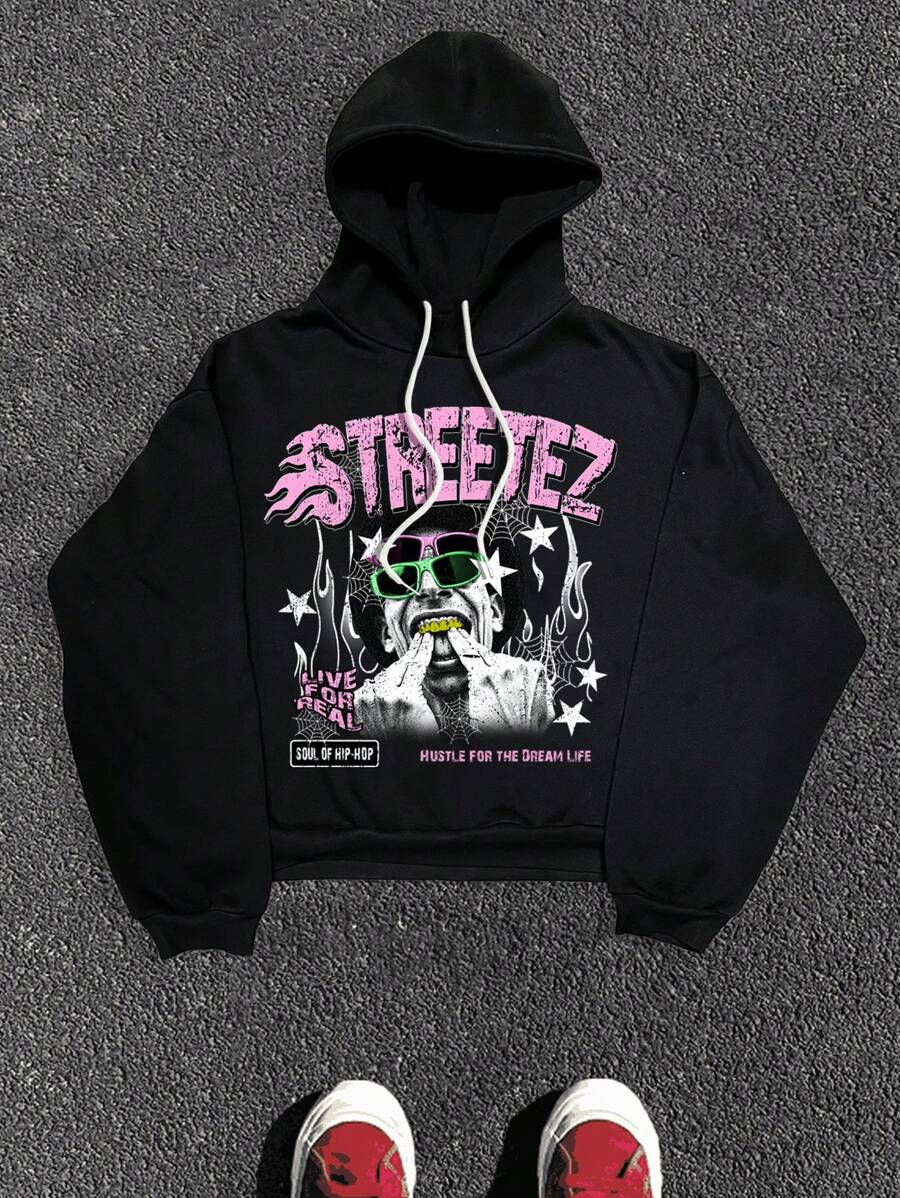 Manfinity NXTstreet Men's Letter Print Casual Loose Fit Knit Hooded Long Sleeve Sweatshirt,Pink And Black,Autumn,Streetwear,City Break Graphic Hoodie For Fall Winter - Black - View 1