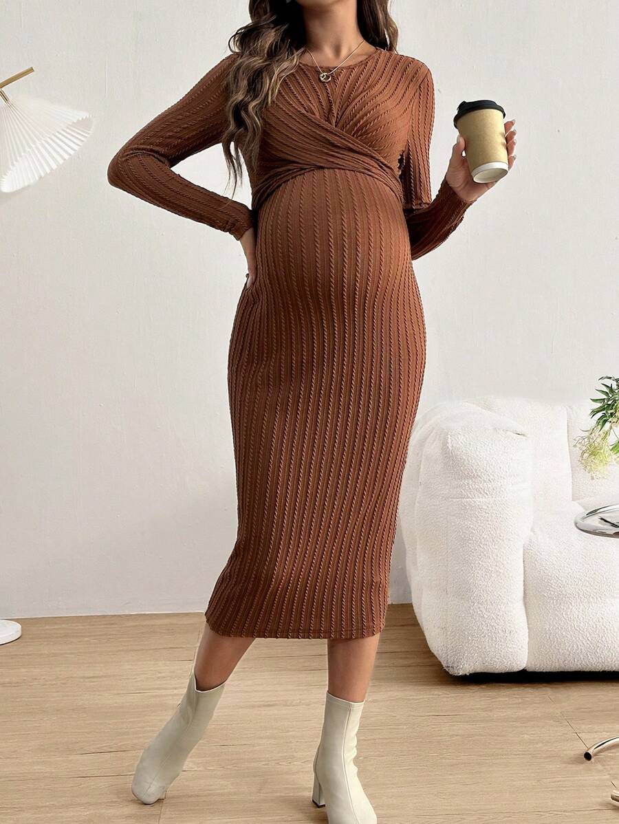 SHEIN Sukienka ciążowa na co dzień z okrągłym dekoltem i panelem z guzikami z przodu, długi rękaw