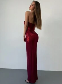 Aloruh Elegant Shimmery Strapless Maxi Party Dress, Wine Red Color