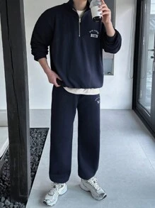 DAZY 男士纯蓝色卫衣套装，秋季七分拉链款 - 藍色 - 查看 3