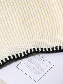 Classic Simple Grey Contrast Stitching Knit Sweater, Casual Hooded Pullover For Girls, Autumn/Winter