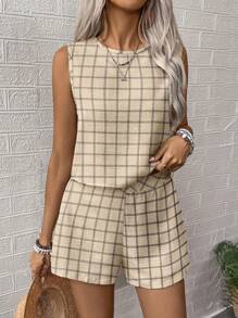 SHEIN LUNE Women's Plaid Print Round Neck Vest And Shorts 2pcs Casual Set
