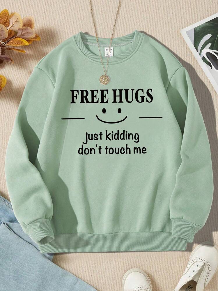 Tween Girl 1 Piece Of Fashionable Casual Letter Printed Fleece Round Neck Sweatshirt - Green - View 1