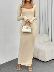 SHEIN Tall 女士纯色休闲修身长袖连衣裙长款女装 - 杏色 - 查看 3