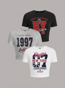 Attitoon 3 件套复古休闲英文字母和数字图案简约圆领紧身短袖短款 T 恤女款 - 彩色 - 查看 7