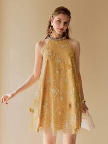 MOTF PREMIUM SEQUIN FLORAL PATTERN BRIDAL SHOWER DRESS - Yellow - View 4