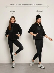 GLOWMODE Cozy Medium Polar Fleece Soft Warm Loose Adjustable Drawstring Hem Two-Tone Jacket Sweatshirt With Side Pockets Daily Casual Fall Winter - Black - View 4