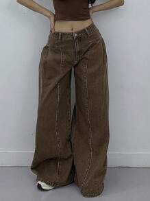 DAZY Distressed Wash Patchwork Wide Leg Jeans For Women,Baggy Jeans - Brown - View 4