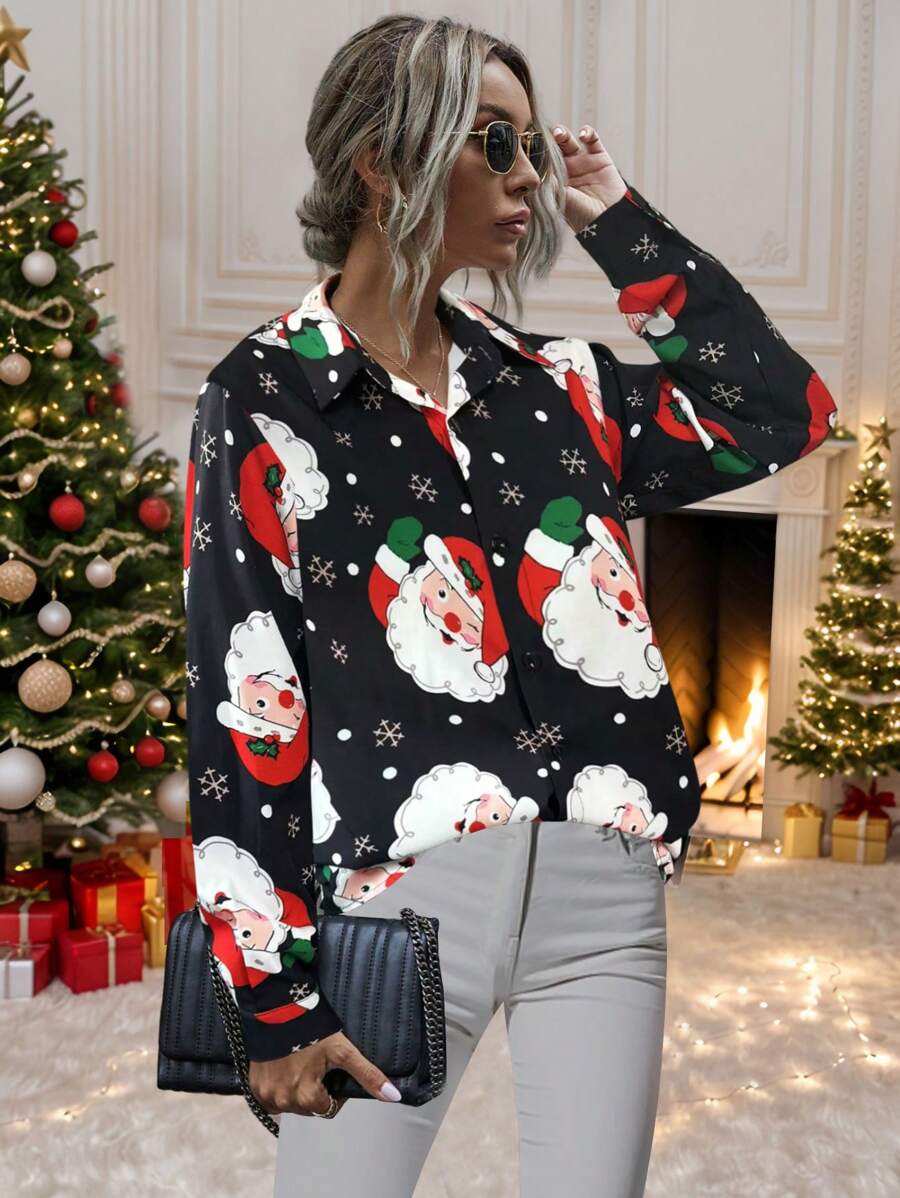 SHEIN LUNE Women Santa Claus Print Loose Casual Long Sleeve Shirt, Autumn - Black - View 1