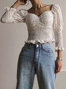 DAZY Women's Sweetheart Neckline Long Sleeve Lace Waist And Cuff Blouse,Fall Clothes