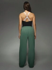 MISSGUIDED Wide Leg Athletic Track Pants Training Sweatpants Side Stripe Sports Bottoms Fall Winter Casual Joggers Gym Workout Loungewear - Green - View 2