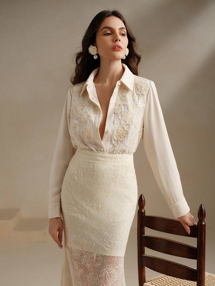 Women's New Embroidered Rhinestone Decor Long Sleeve Shirt