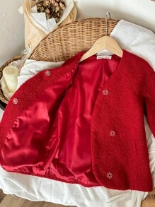 Blossori Young Girls' French Elegant Loose Red Woven Collarless Coat, Autumn/Winter - Red - View 6